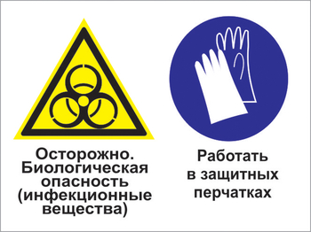 Кз 73 осторожно - биологическая опасность (инфекционные вещества). работать в защитных перчатках. (пленка, 600х400 мм) - Знаки безопасности - Комбинированные знаки безопасности - магазин "Охрана труда и Техника безопасности"