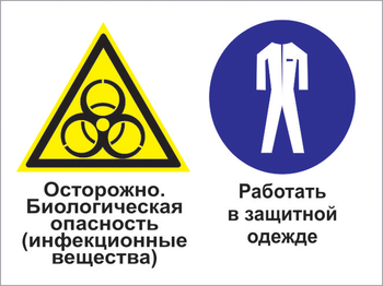 Кз 72 осторожно - биологическая опасность (инфекционные вещества). работать в защитной одежде. (пластик, 400х300 мм) - Знаки безопасности - Комбинированные знаки безопасности - магазин "Охрана труда и Техника безопасности"